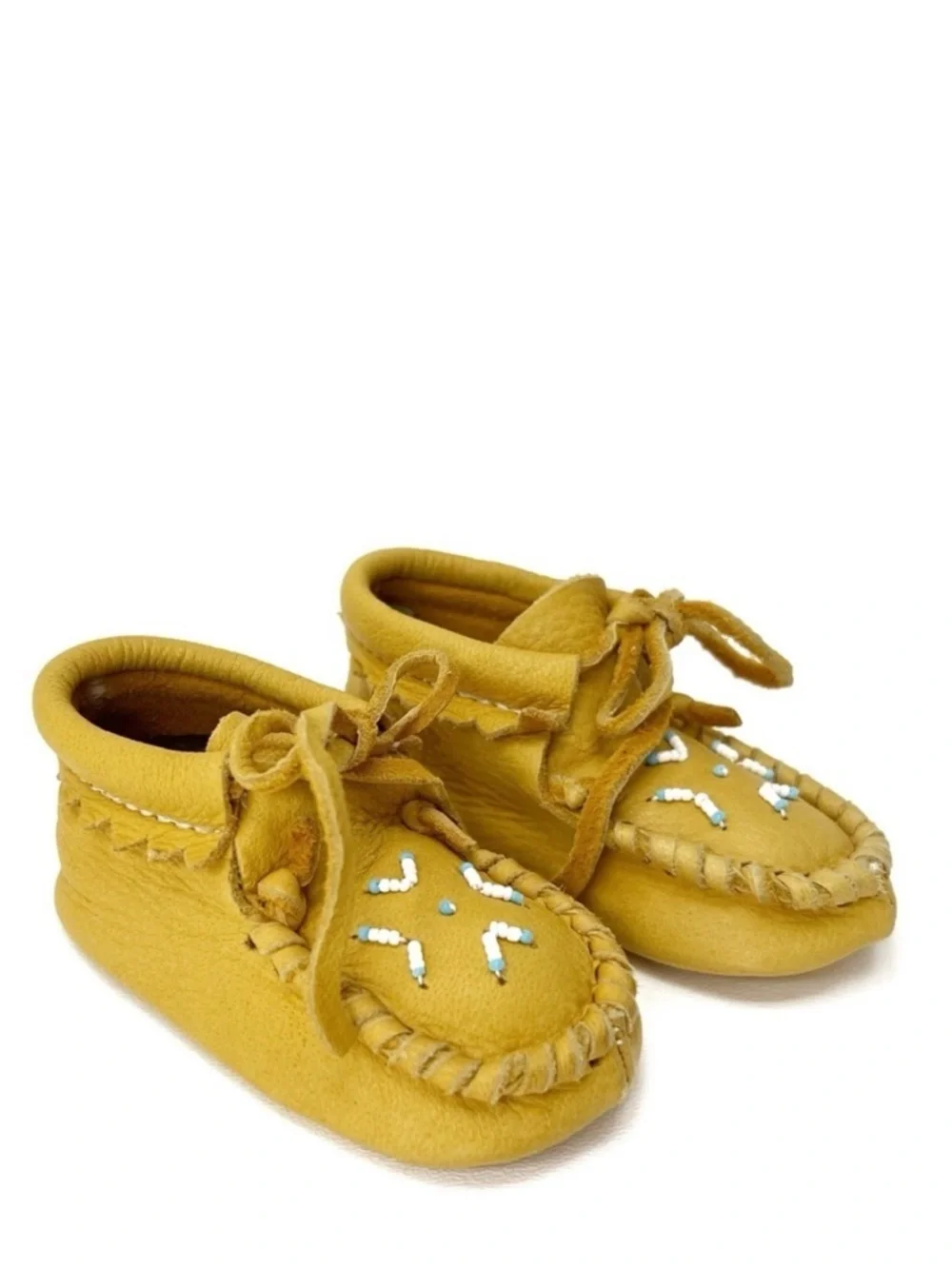 Taos Mox Baby Beaded Moccasins Size 30 = Size 3 Infant Deerskin Mocs Fringed EUC